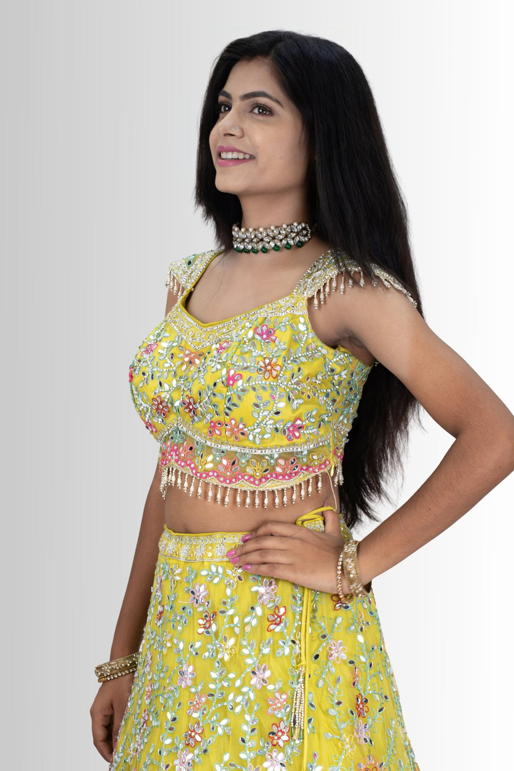 Yellow mirror work lehenga