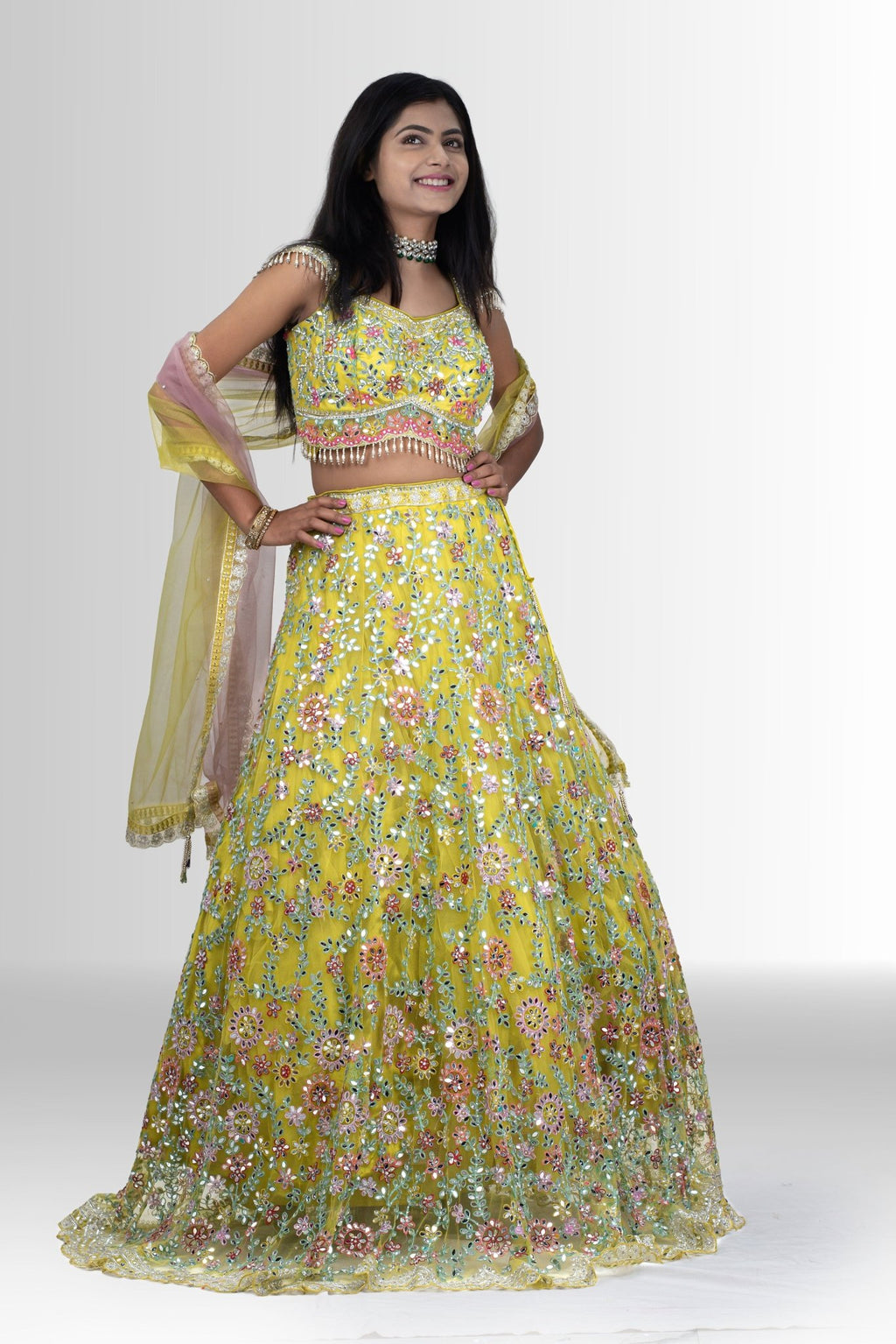 Yellow mirror work lehenga