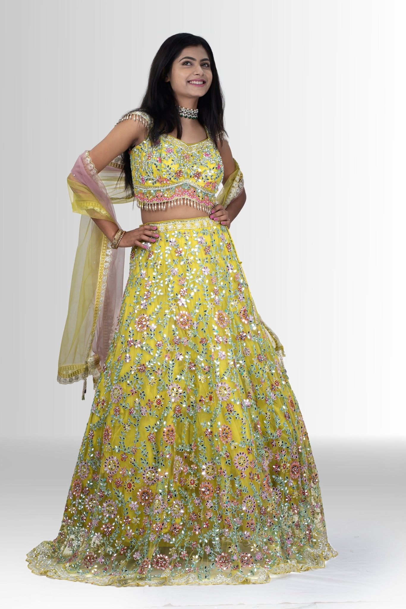 Yellow mirror work lehenga