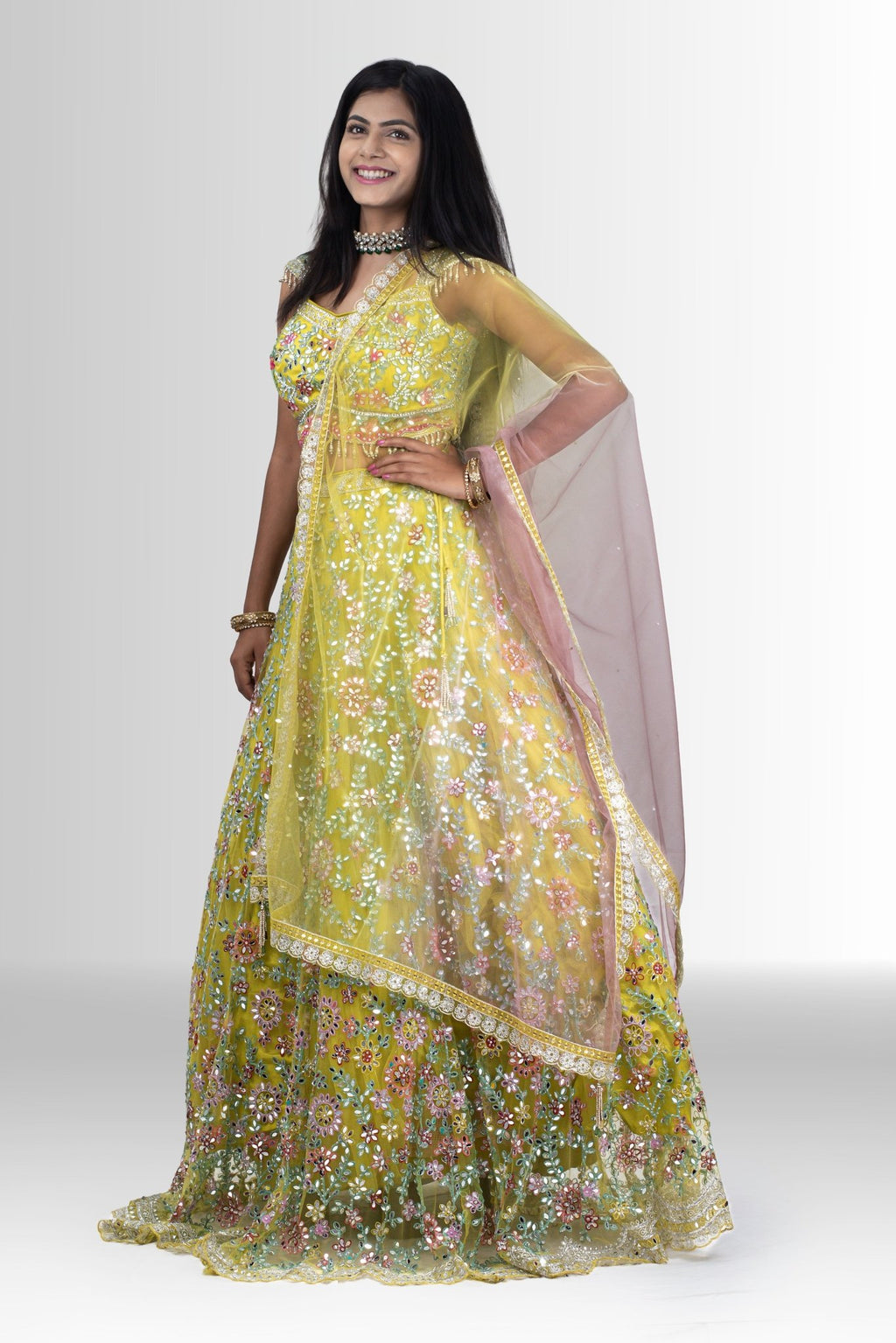 Yellow mirror work lehenga