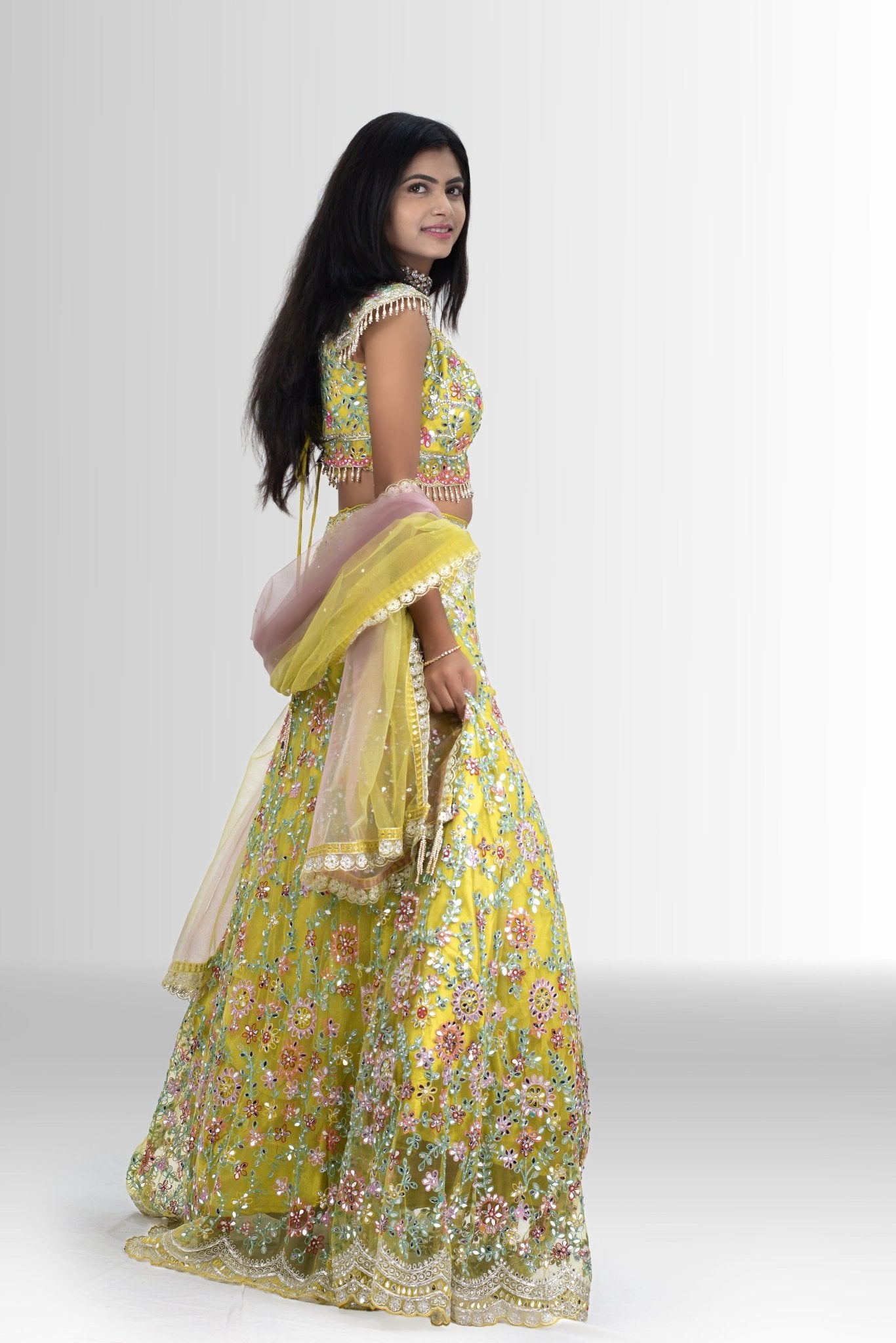 Yellow mirror work lehenga