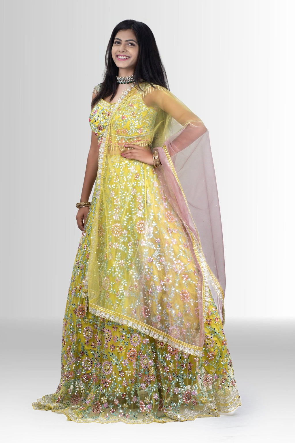 Yellow mirror work lehenga