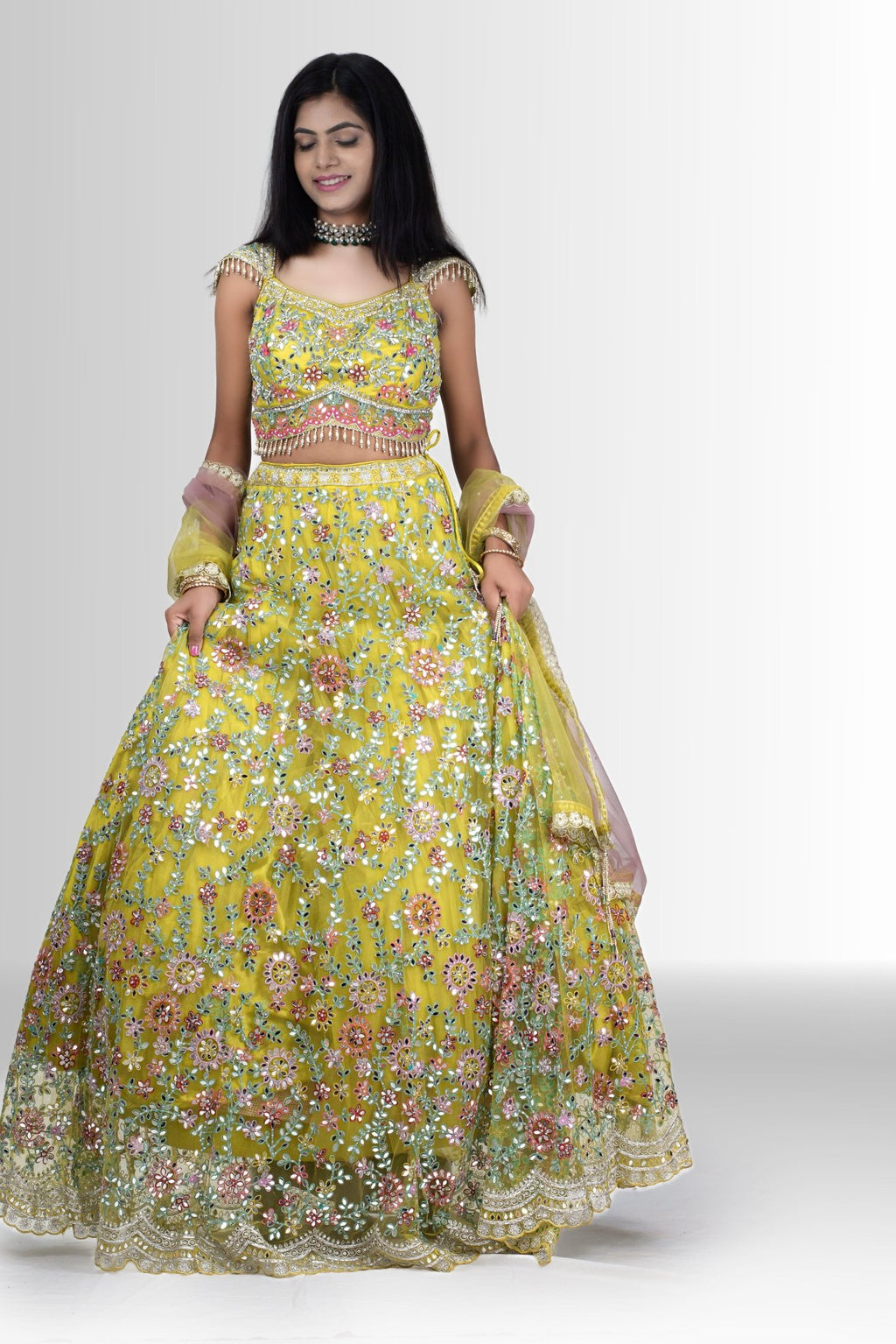Yellow mirror work lehenga