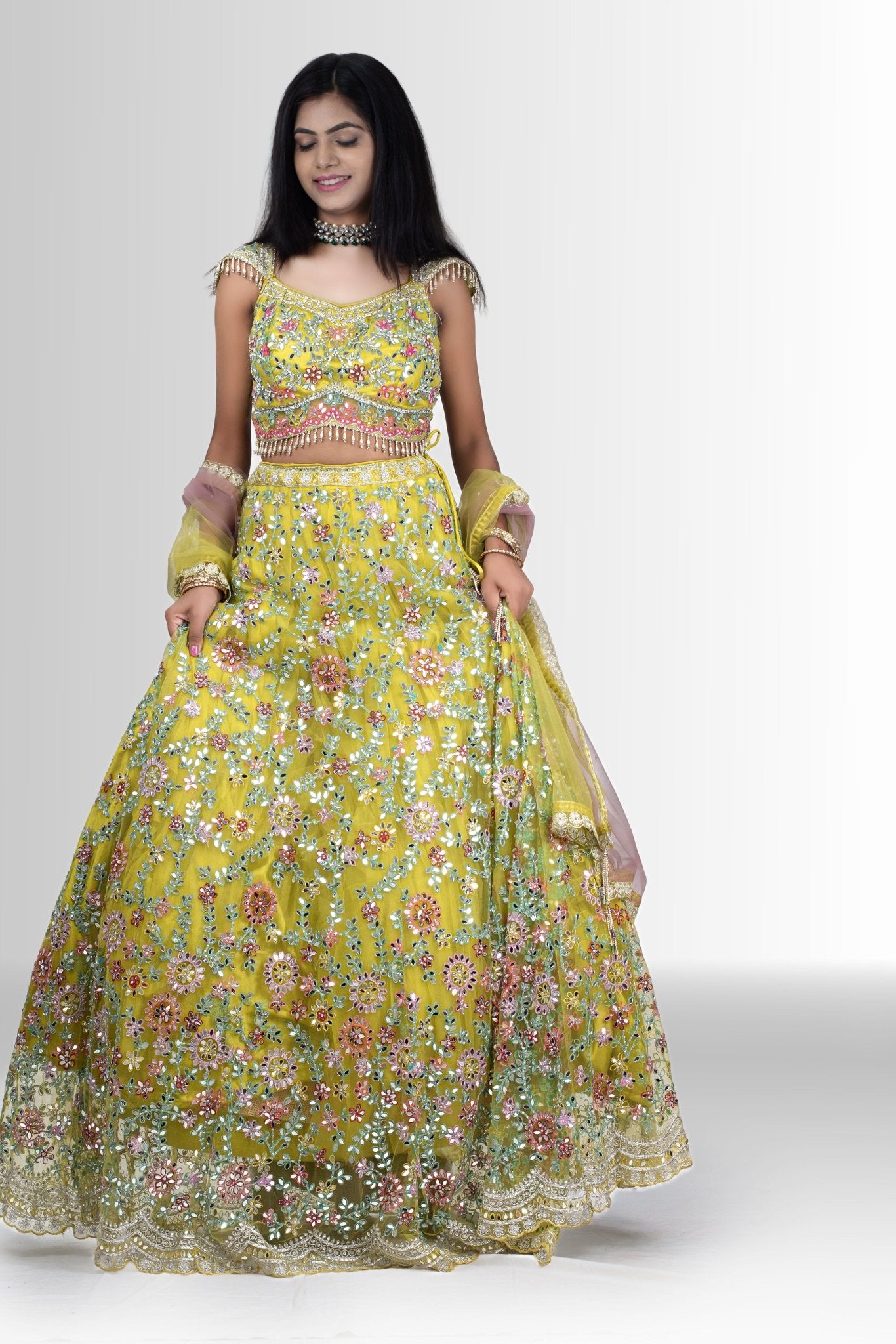 Yellow mirror work lehenga